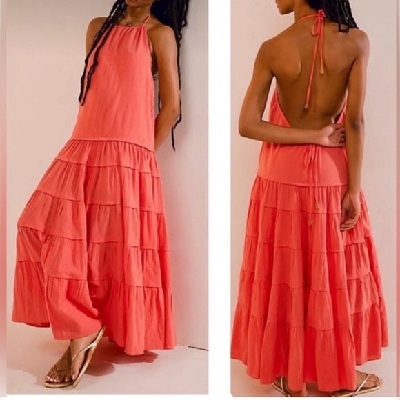 Free People Dresses & Skirts - FREE PEOPLE Somewhere Sunny Drop Waist Maxi Dress Watermelon Coral XS
